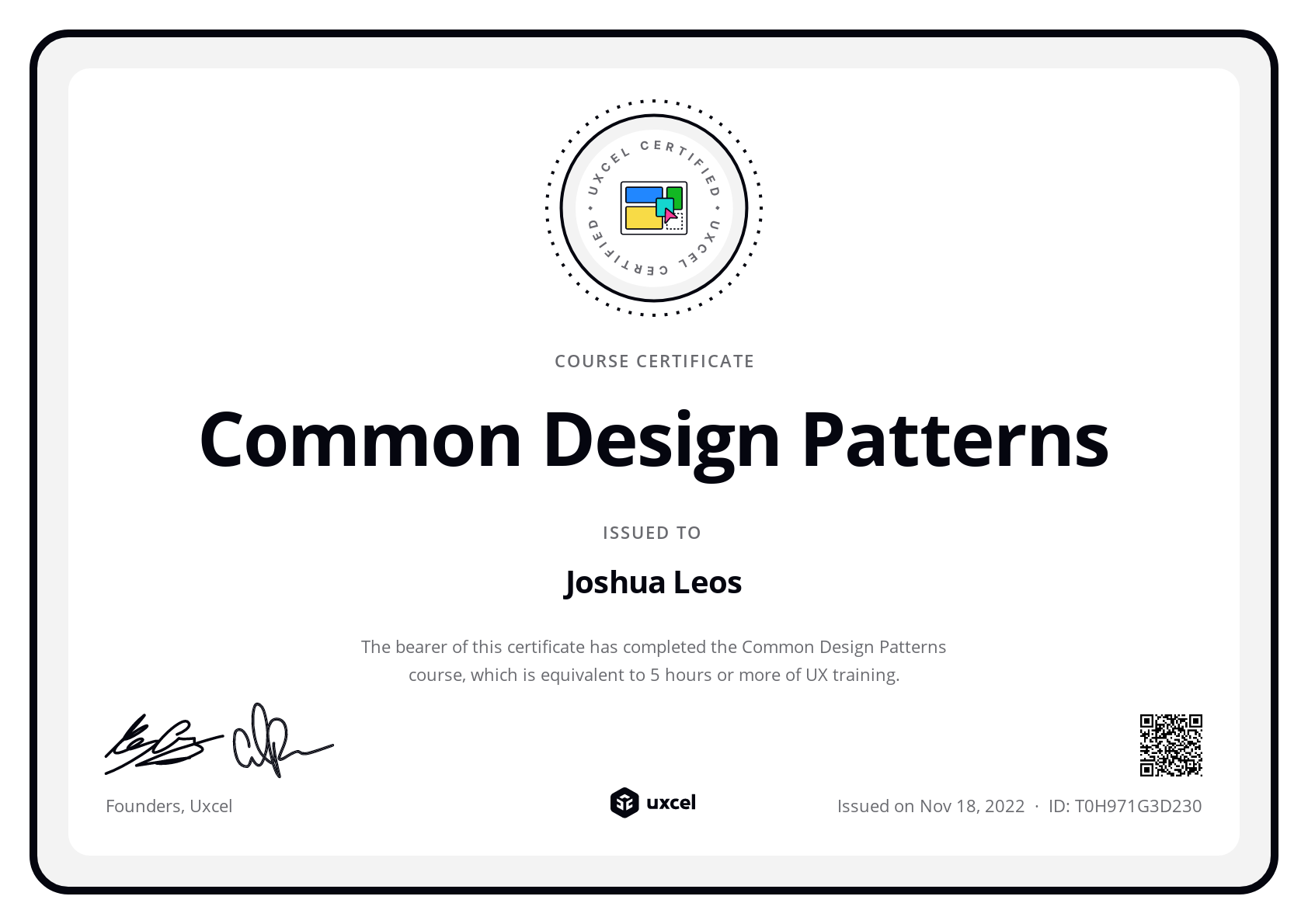 Joshua Leos's certificate
